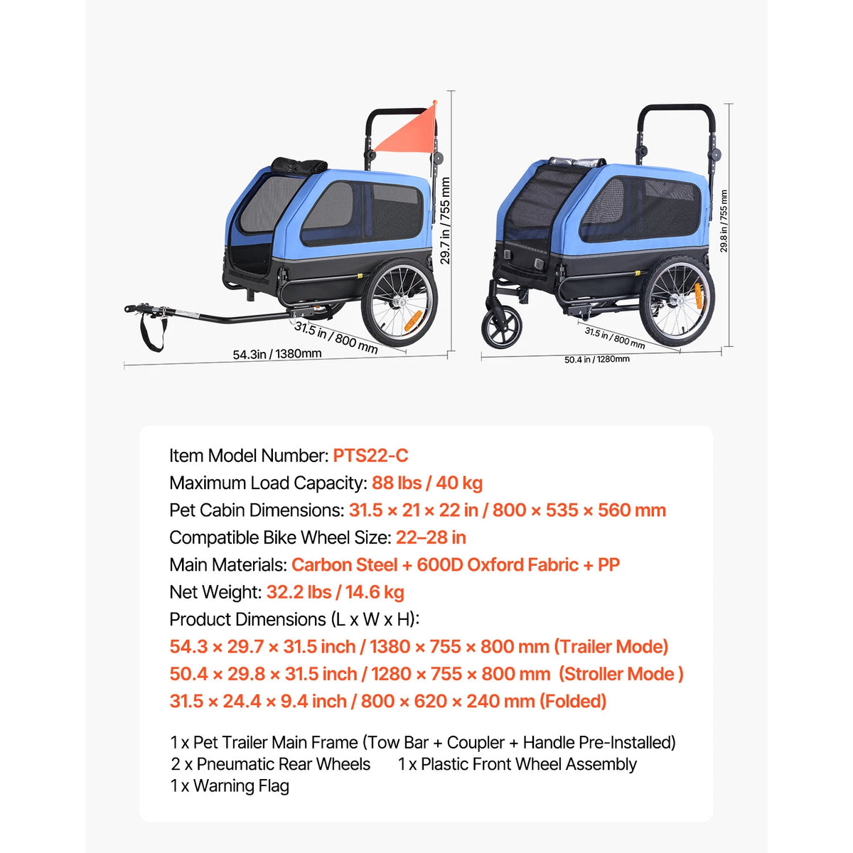 88 lbs Dog Bike Trailer 2-in-1 Pet Stroller Cart Bicycle Carrier with Wheel & Universal Coupler for Small & Large Dogs