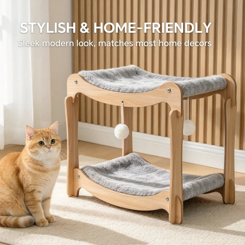 Christmas 2-Tier Wooden Cat Bed with Plush Pad, Ergonomic Curved Cat Lounge Chair, Holiday Pet Sofa Gift