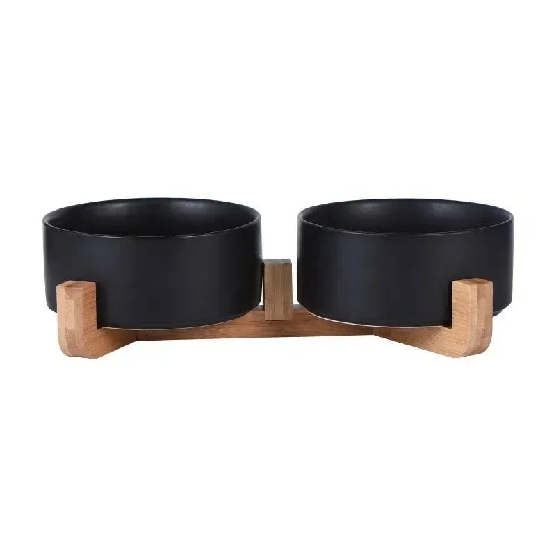 Ceramic Double Pet Bowl with Wood Stand - No Spill Food & Water Feeder for Dogs, Cats, Small & Large Pets