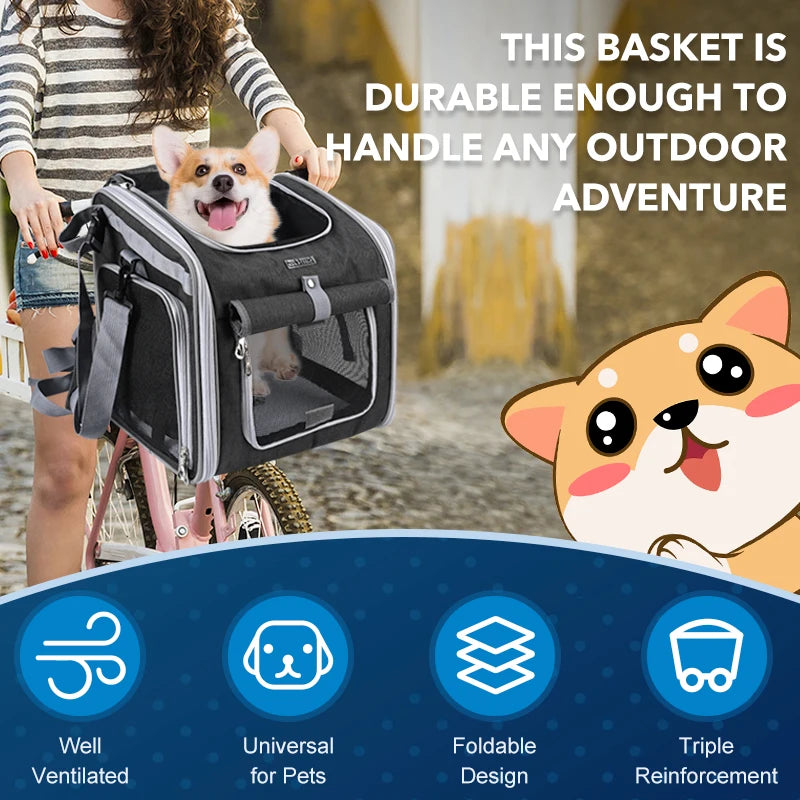 Dog or Cat Bike Basket, Expandable Soft Sided Pet Carrier Backpack with 4 Open Doors, Foldable Dog Bike Carrier