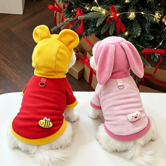 Pet winter clothes and clothing for cats, dogs, cartoon with fleece caps, small dogs, teddy pets