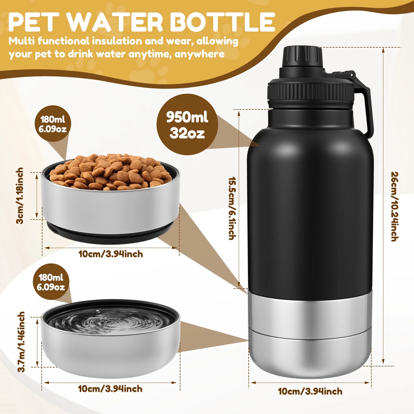 32oz Stainless Steel Detachable Portable Dog Water Bottle 3 in 1 Leakproof Puppy Dog feeding and water Bowls Dog accessories
