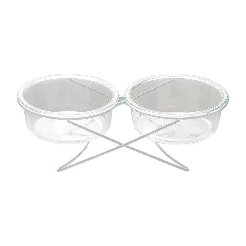 Cat Glass Food Water Bowl Elevated Small Dog Double Drinking Eating Bowls Pet Transparent Feeding Basin with Stand