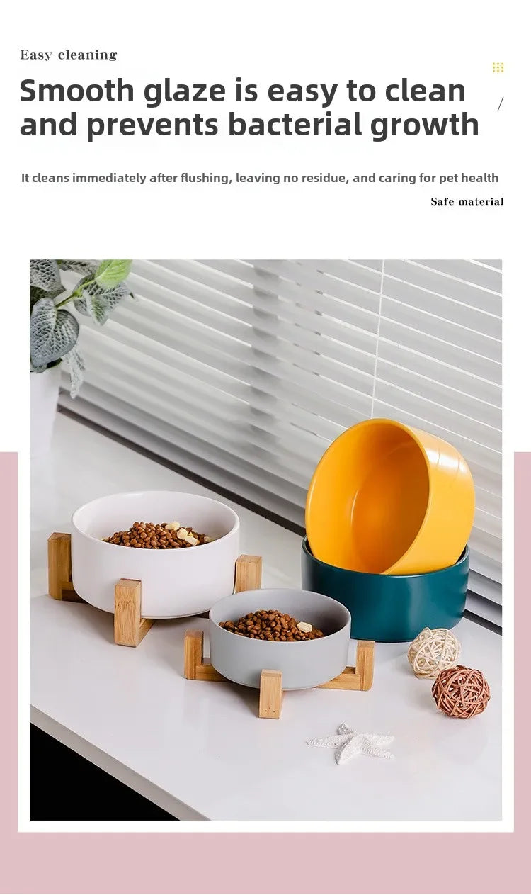 Ceramic Double Pet Bowl with Wood Stand - No Spill Food & Water Feeder for Dogs, Cats, Small & Large Pets