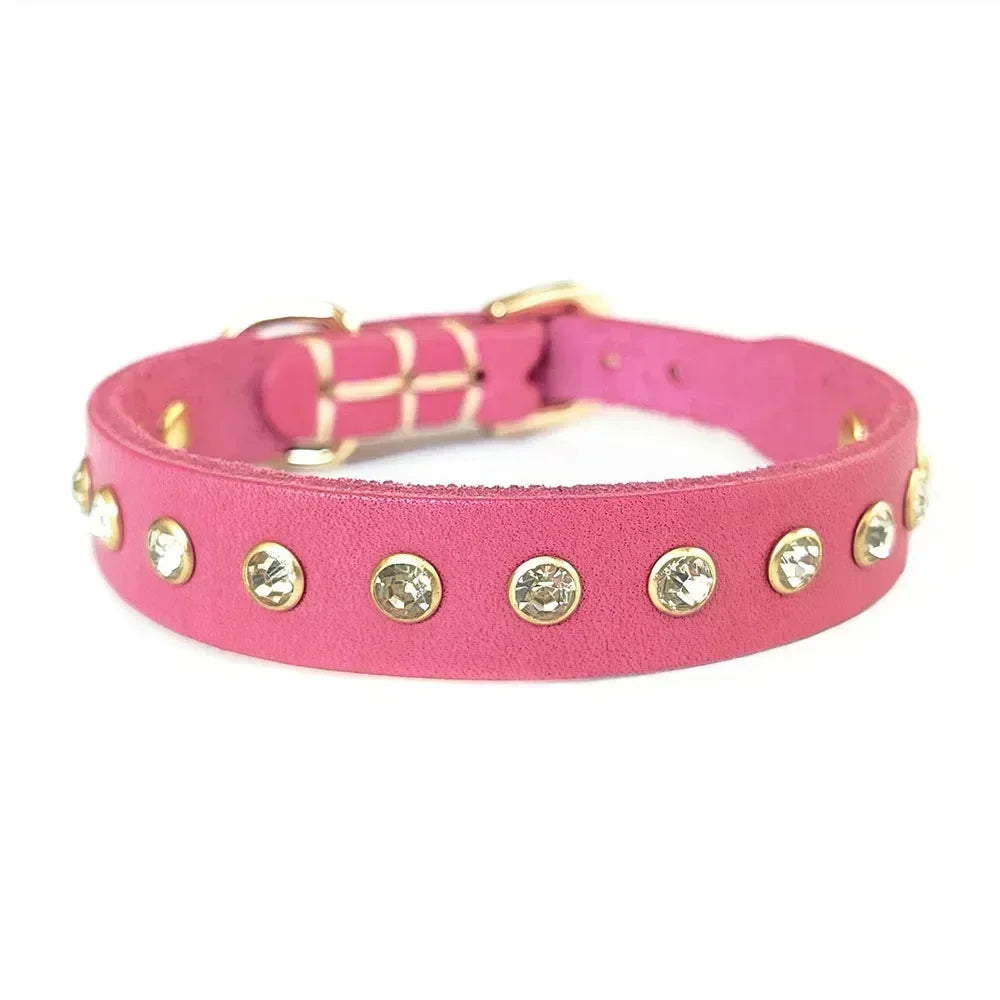 Rhinestone Puppy Dog Cat Collar Bling Kitty Collar Handmade Genuine Leather Crystal Diamond Small Pet Collar Kittens Accessories