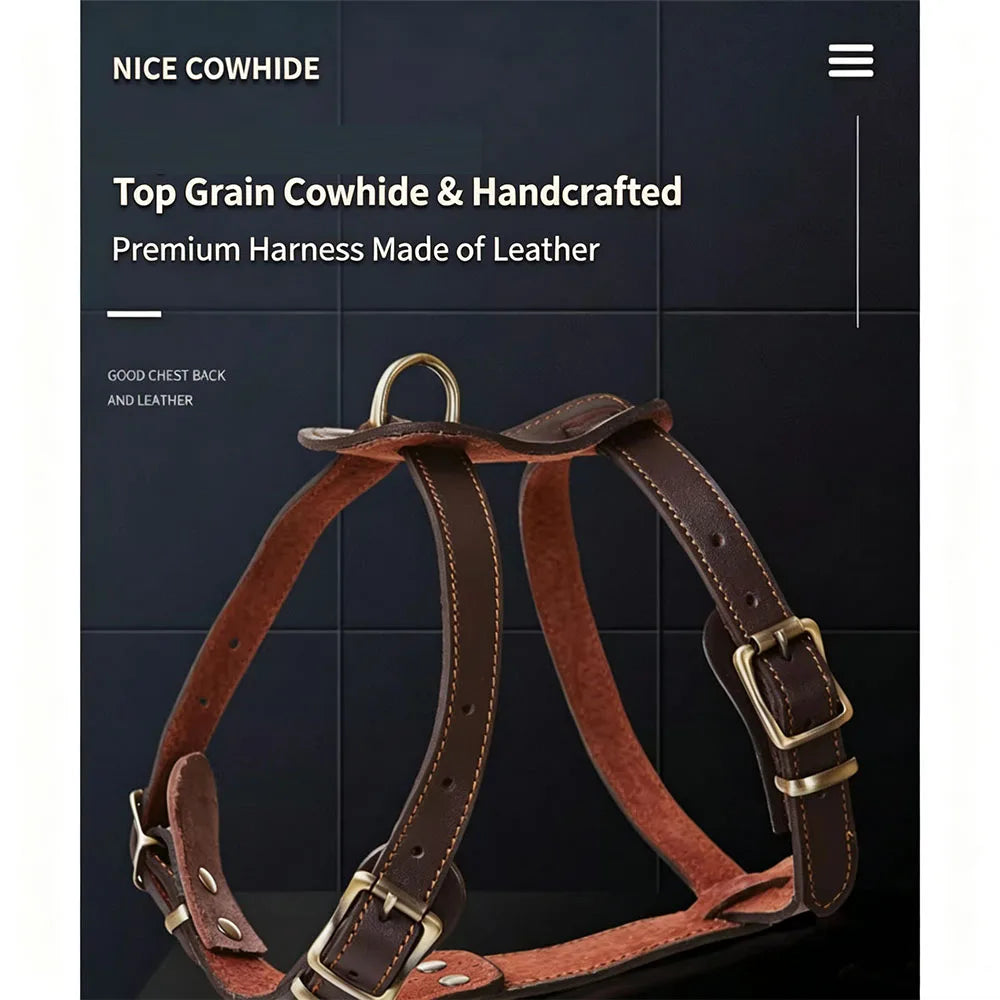 Top Cowhide Leather Dog Harness Adjustable Heavy Duty Pet Walking Harness No Pull Handcrafted Sturdy Vest for Medium Large Dogs