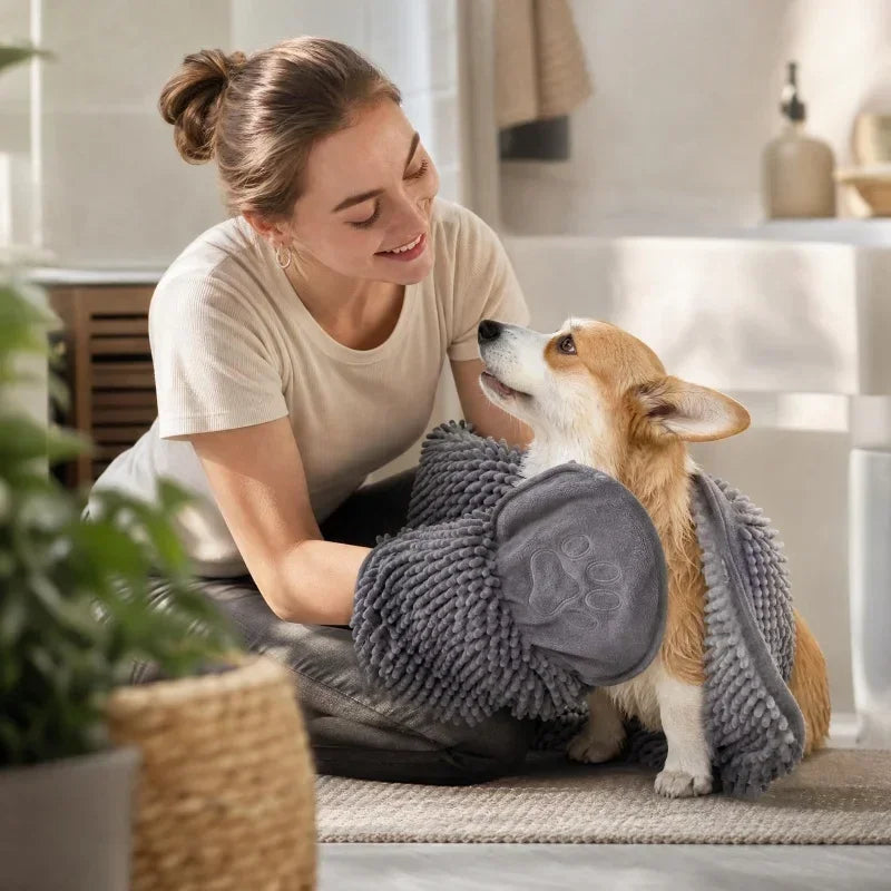 Double-Sided Hand Pocket Pet Bath Towel, Soft Chenille Fabric, Portable with Hanging Loop for Dogs & Cat