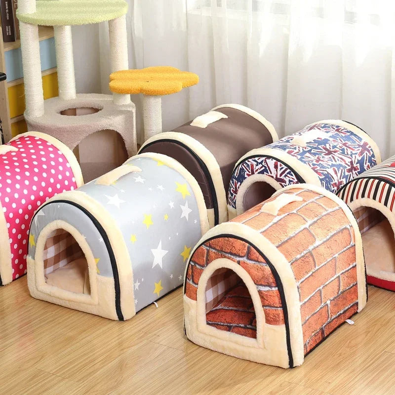 Foldable Dog Bed Pet House Kennel Soft Tent Indoor Enclosed Warm Plush Sleeping Nest Basket with Removable Cushion for Cats Dogs