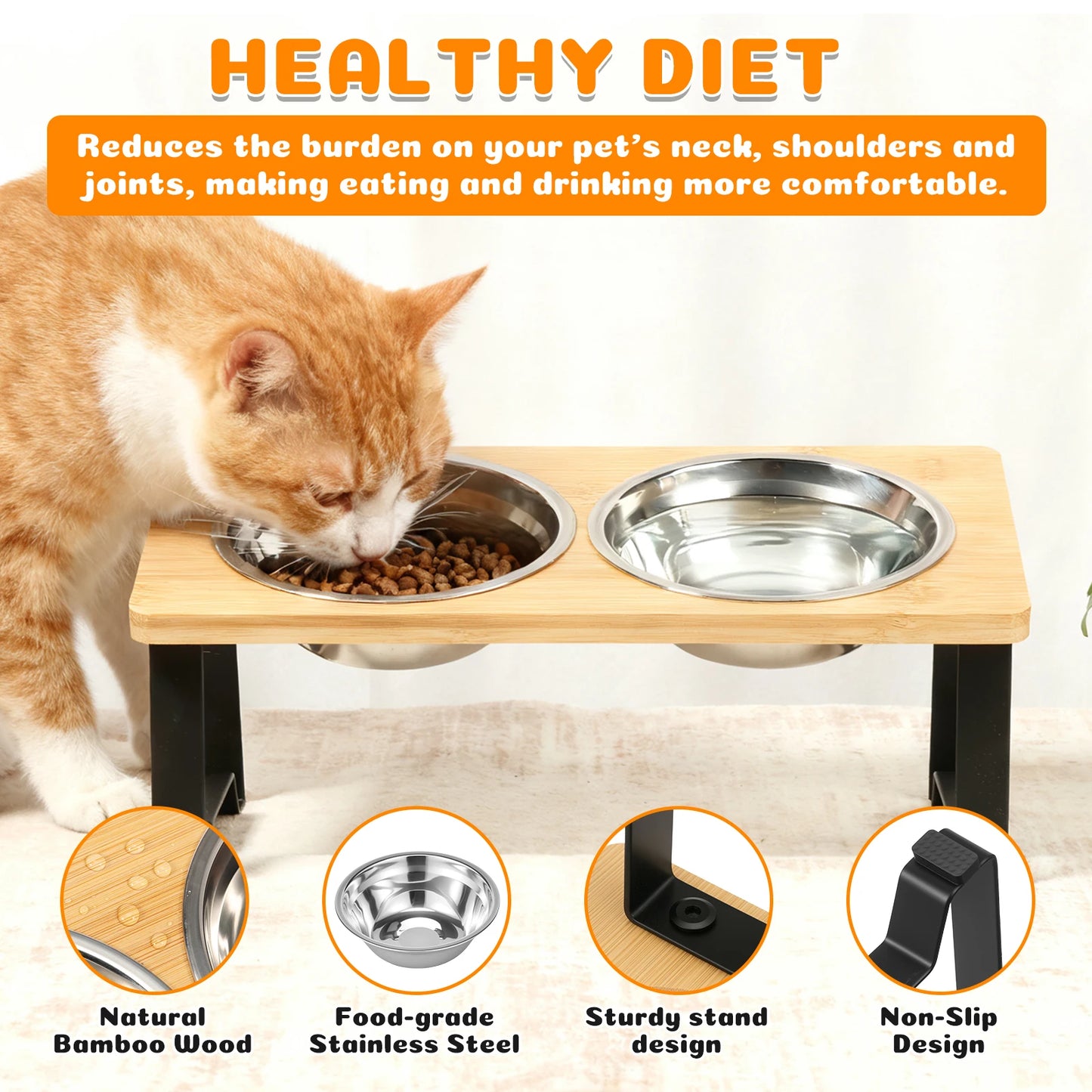 Wooden Elevated Cat Dog feeder Bowl Stand with 2 Stainless Steel Feeder bowl for Dry Wet Food Water Anti Slip Pet Supplies