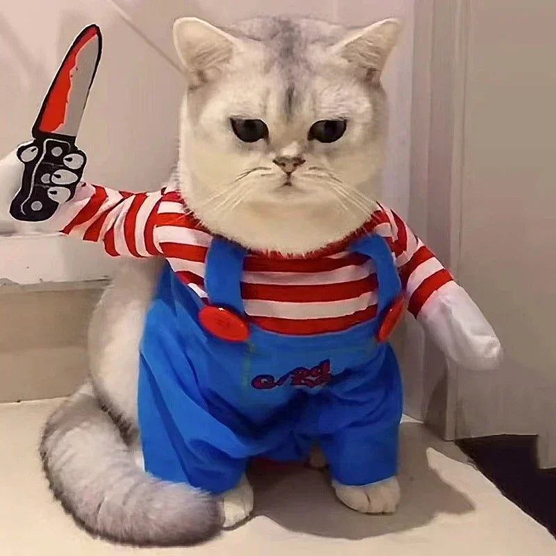 Halloween Doll Pet Chucky Costume -Funny 3D Upright Dog & Cat Outfit, Cosplay Party Clothes for ALL Puppy Kitten