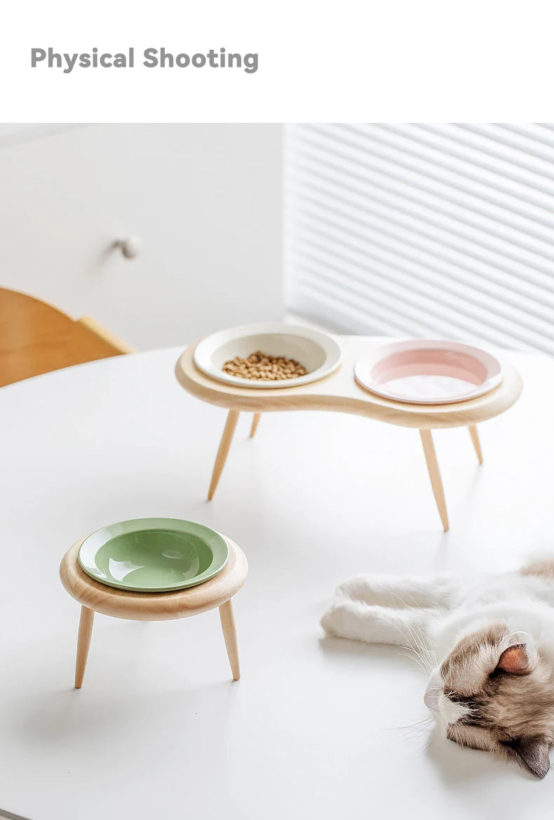 Cat Ceramic Bowl Small Dogs Double Food Water Bowls Pet Elevated Height Adjustable Drinking Eating Bowls with Wooden Stand