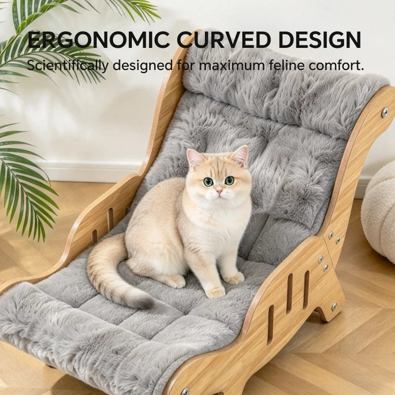 Christmas Warm Plush Cat Lounge Chair, Ergonomic Wooden Cat Bed, Cozy Elevated Indoor Pet Sofa Furniture