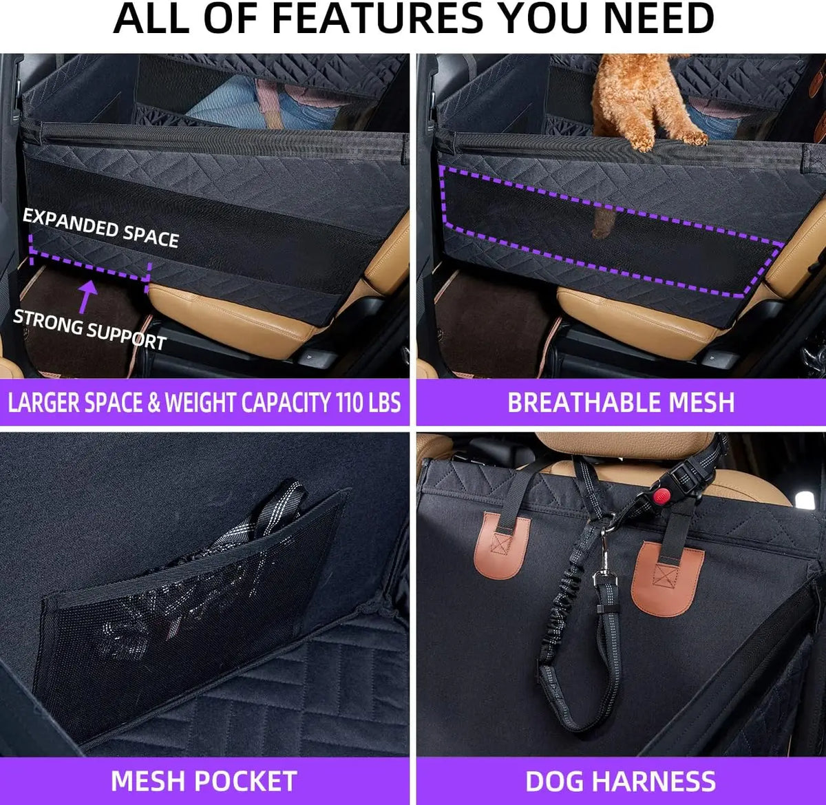 Car Pet Seat Cover Waterproof Hard-Bottom Rear Seat Dog Mat with Mesh Design Car Hammock Pet Bed for Dogs Cats Travel Accessory