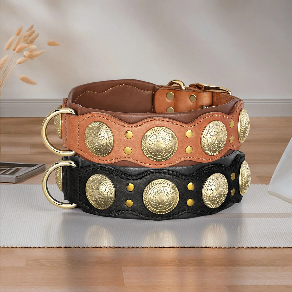 Real Leather Dog Collar Genuine Leather Dog Collars Spiked Studded Big Dog Collar Necklace Adjustable For Medium Large Dogs Pug
