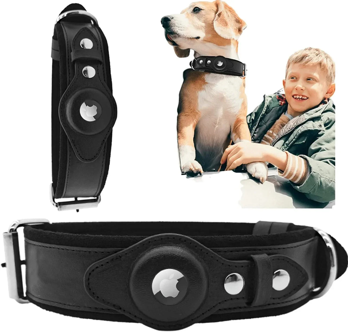 Solid and Anti Loss Genuine Leather Airtag Heavy Duty Dog Collar