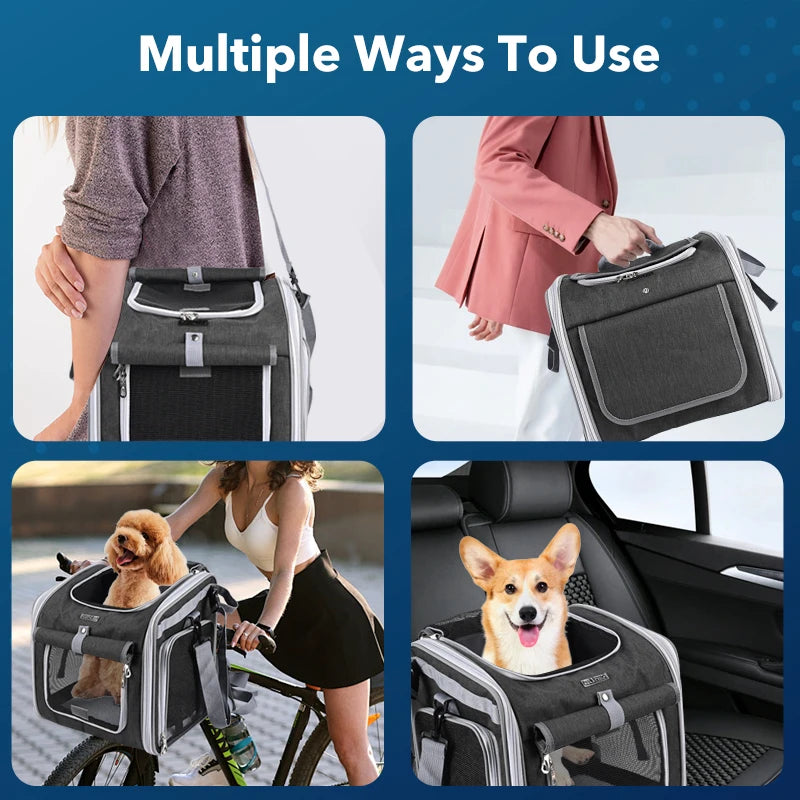 Dog or Cat Bike Basket, Expandable Soft Sided Pet Carrier Backpack with 4 Open Doors, Foldable Dog Bike Carrier