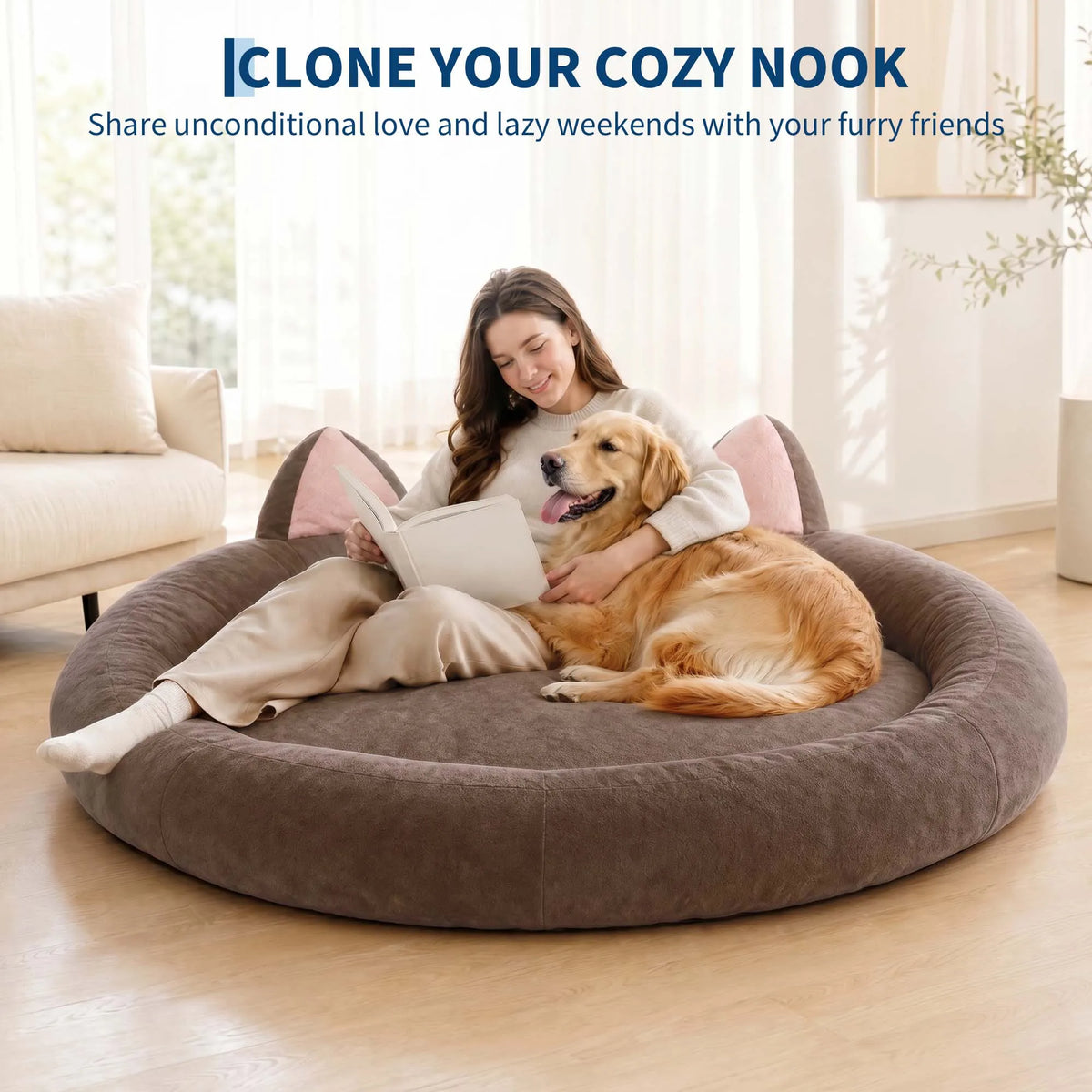 Round Dog Bed XXL Extra Large 9.8" Thick Pet Couch Memory Foam Pet Couch for Large & Senior Dogs Supportive Bolster Design Brown Grey