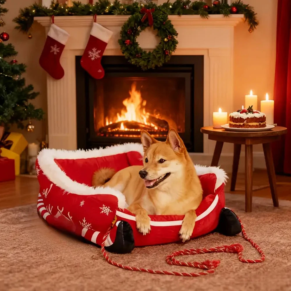 Christmas Sleigh Bed  Removable Washable Plush Pet Warm Sofa with Non-Slip Base Christmas Cat Dog Nest for Winter Indoor Outdoor