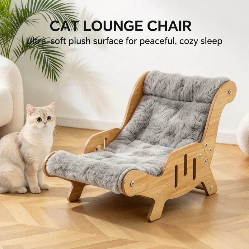 Christmas Warm Plush Cat Lounge Chair, Ergonomic Wooden Cat Bed, Cozy Elevated Indoor Pet Sofa Furniture