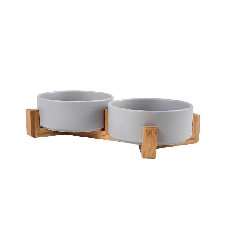Ceramic Double Pet Bowl with Wood Stand - No Spill Food & Water Feeder for Dogs, Cats, Small & Large Pets