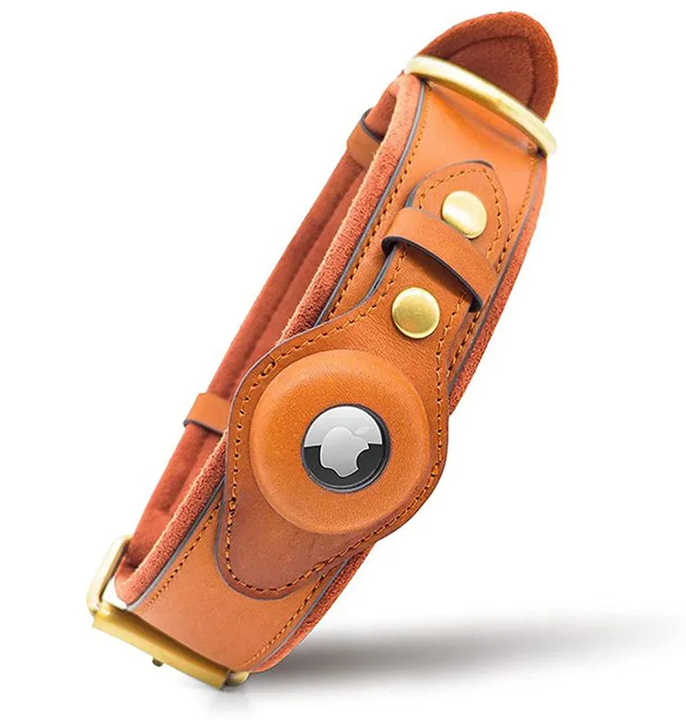 Solid and Anti Loss Genuine Leather Airtag Heavy Duty Dog Collar