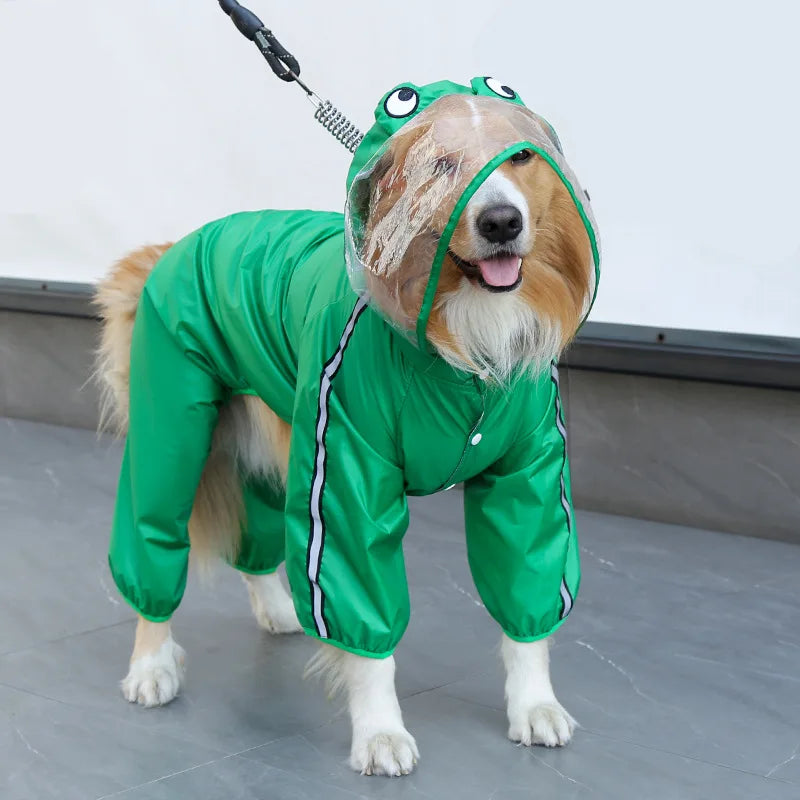 Fun Cartoon Puppy Four-Legged Raincoat Waterproof High Visibility Reflective Hooded Rain Jacket Ventilated Lined Outdoor Rain Suit for Dogs Cats