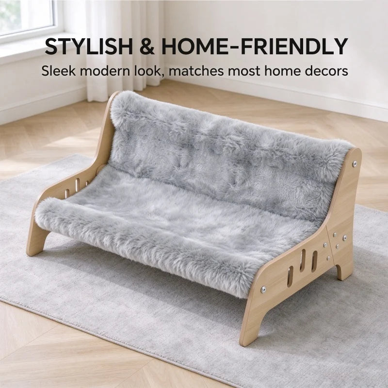 Coral Fleece Cat Sofa Bed with Wooden Frame for Indoor Kittens & Small Dogs, Cozy Puppy Den Lounge Chair