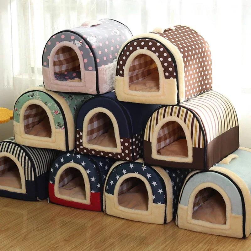 Foldable Dog Bed Pet House Kennel Soft Tent Indoor Enclosed Warm Plush Sleeping Nest Basket with Removable Cushion for Cats Dogs