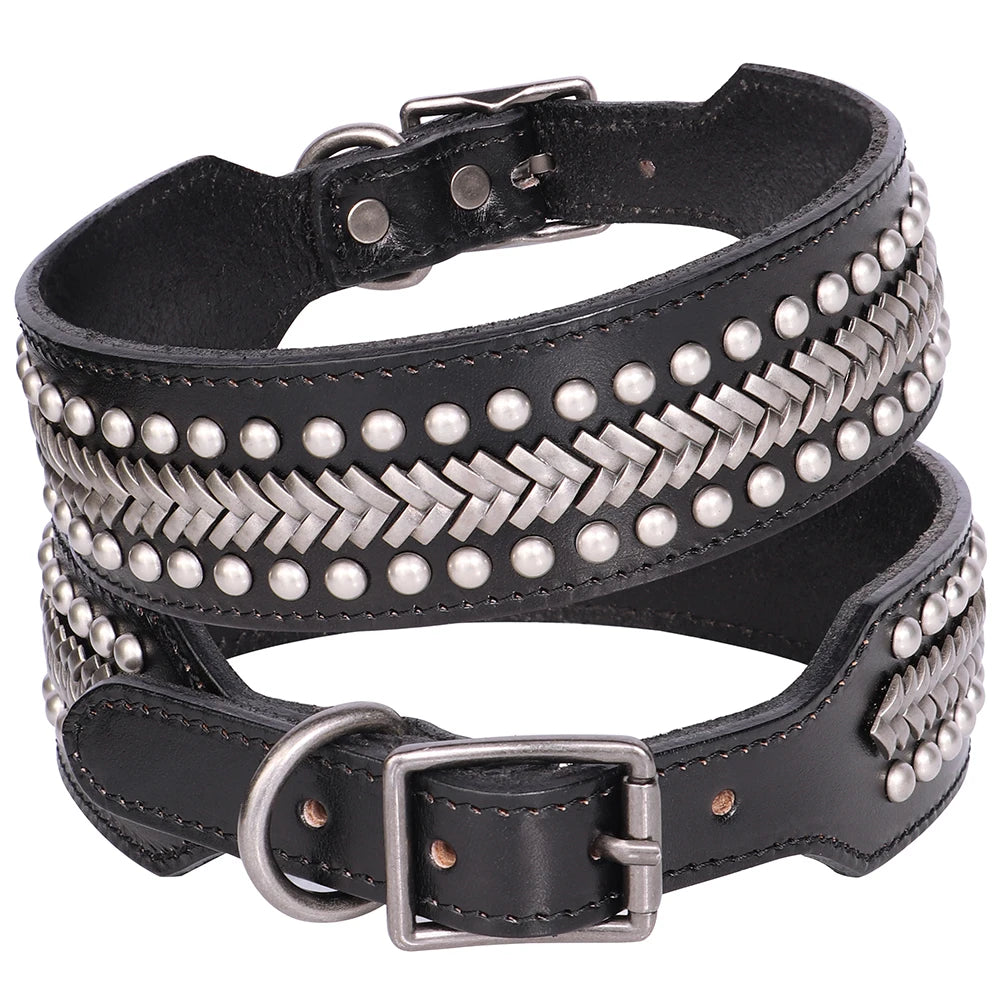 2inch Wide Luxury Genuine Leather Dog Collar Durable Metal Rivet Collars Cool Collars for Medium lagre Dogs German Shepherd