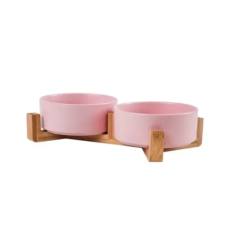 Ceramic Double Pet Bowl with Wood Stand - No Spill Food & Water Feeder for Dogs, Cats, Small & Large Pets