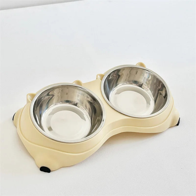 Simple And Cute Macaron Pure Color Stainless Steel Pet Double Bowl For Cats Dogs Feeding And Drinking Bowl Feeder