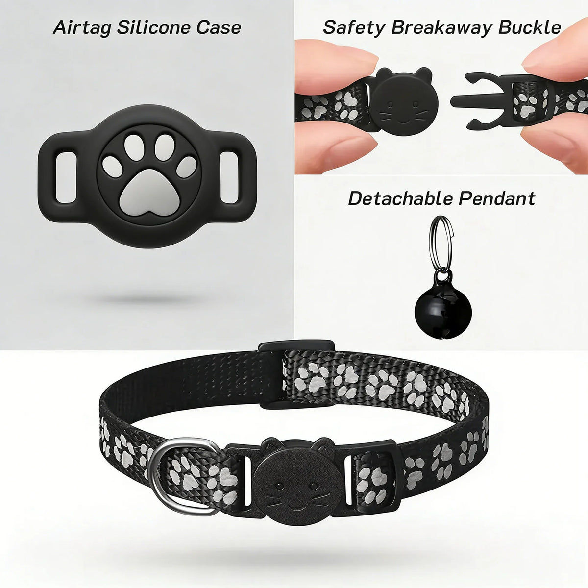 AirTag Cat Collar Reflective Paw Pattern Fit iOS Android System Quick Release Buckle Waterproof Anti-Lost Collar for Small Cats