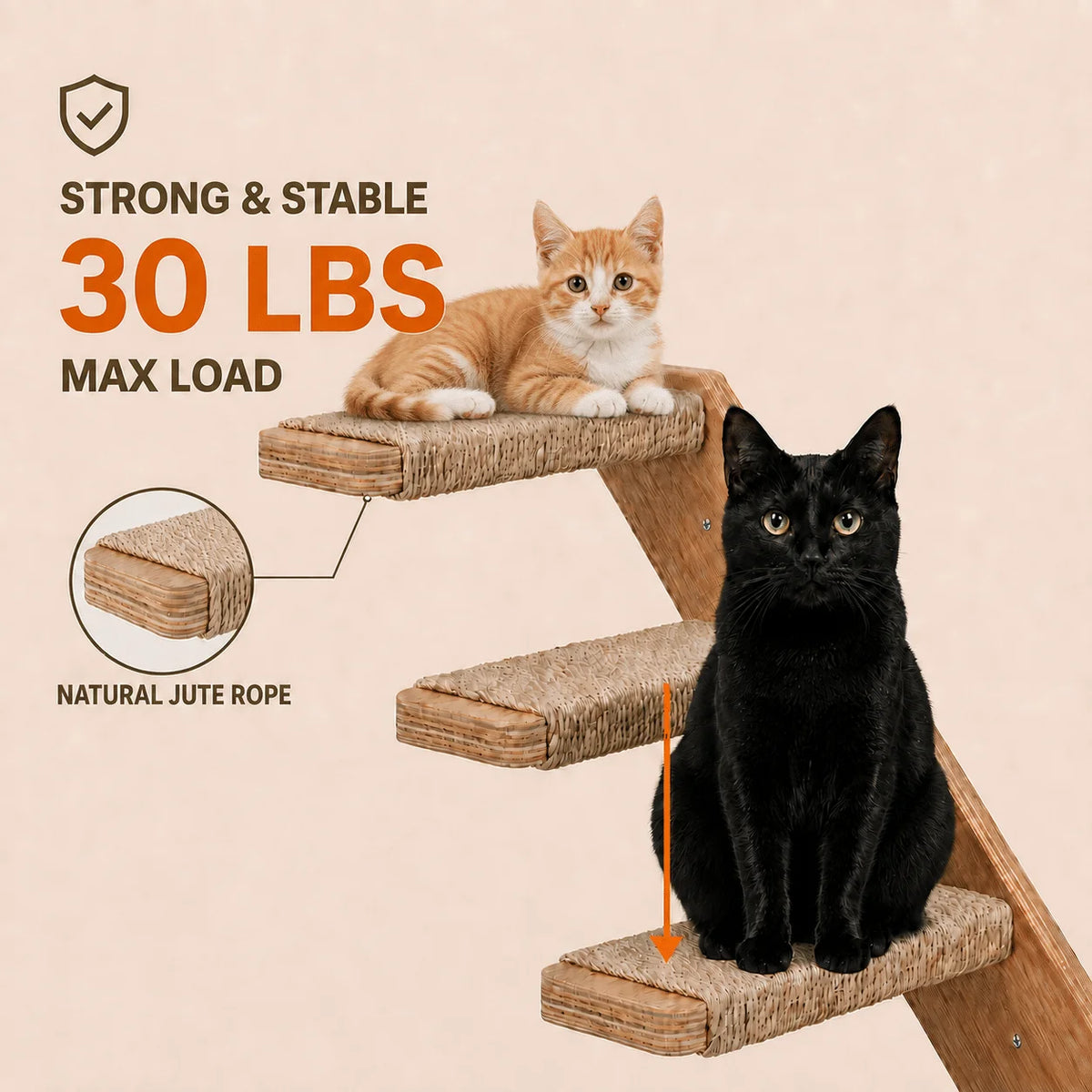 Wall-Mounted Cat Stairs Set with Shelf Includes 2x 4-Step Cat Climbing Ladders & 1x Wall Shelf Paulownia Wood Steps Wrapped in Jute Rope