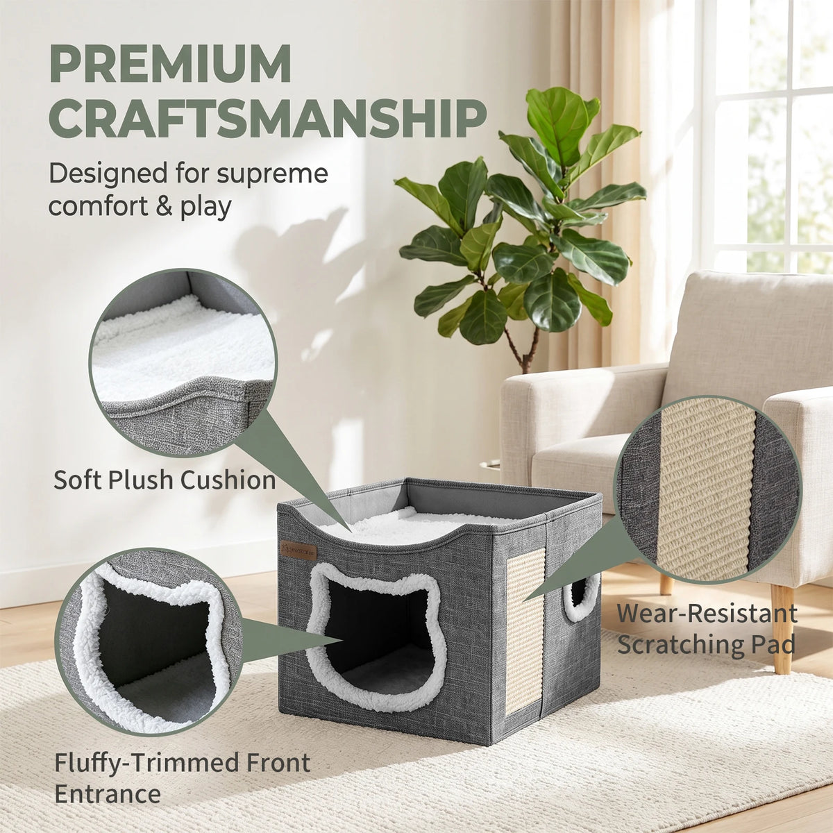 A Three-In-One Foldable Cat Bed And Scratching Post, With A Cat Face-Shaped Design Featuring Soft Fringes And A Door Opening. The Cat Den Bed With Wear-Resistant Rattan Scratching Board. A Spacious Top Lounge Platform For The