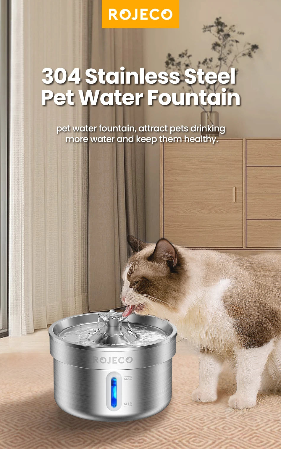 ROJECO Stainless Steel Cat Water Fountain Filters 2L Automatic Pet Water Dispenser Smart Drinking Fountain for Cat Dog Supplies