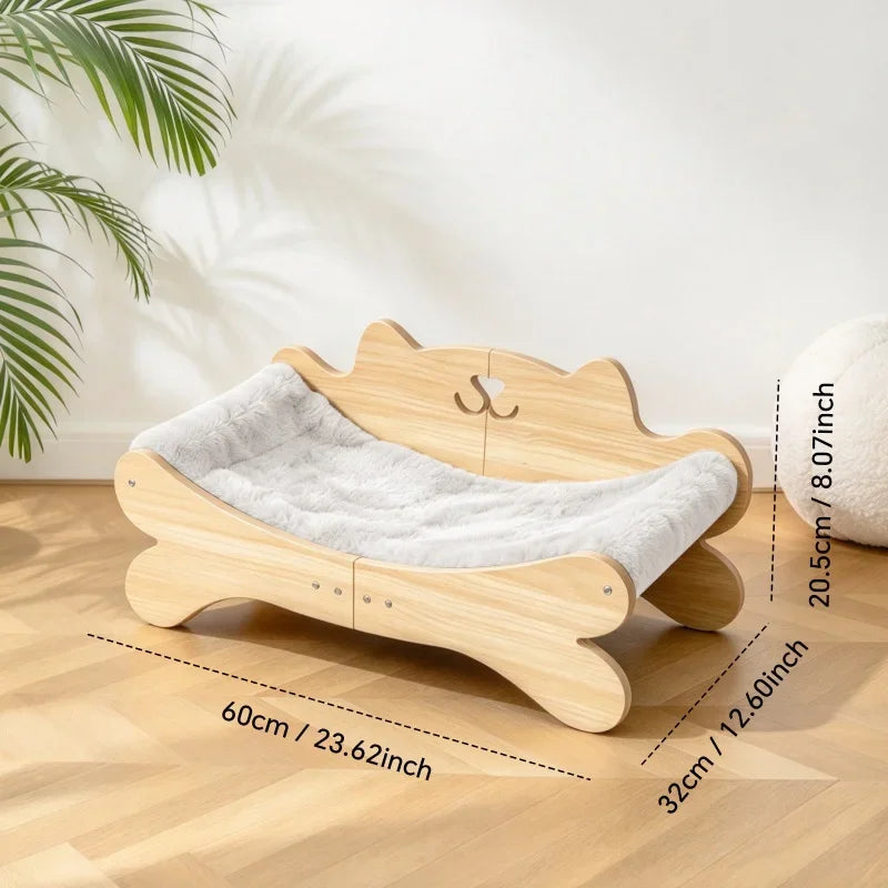 Coral Fleece Wooden Cat Bed, Elevated Anti-Slip Cat Lounge Chair, Modern Curved Pet Sofa for Indoor Kittens