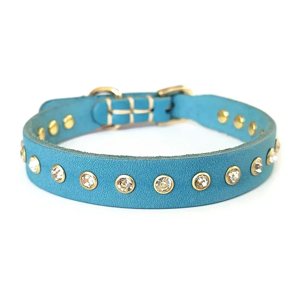 Rhinestone Puppy Dog Cat Collar Bling Kitty Collar Handmade Genuine Leather Crystal Diamond Small Pet Collar Kittens Accessories