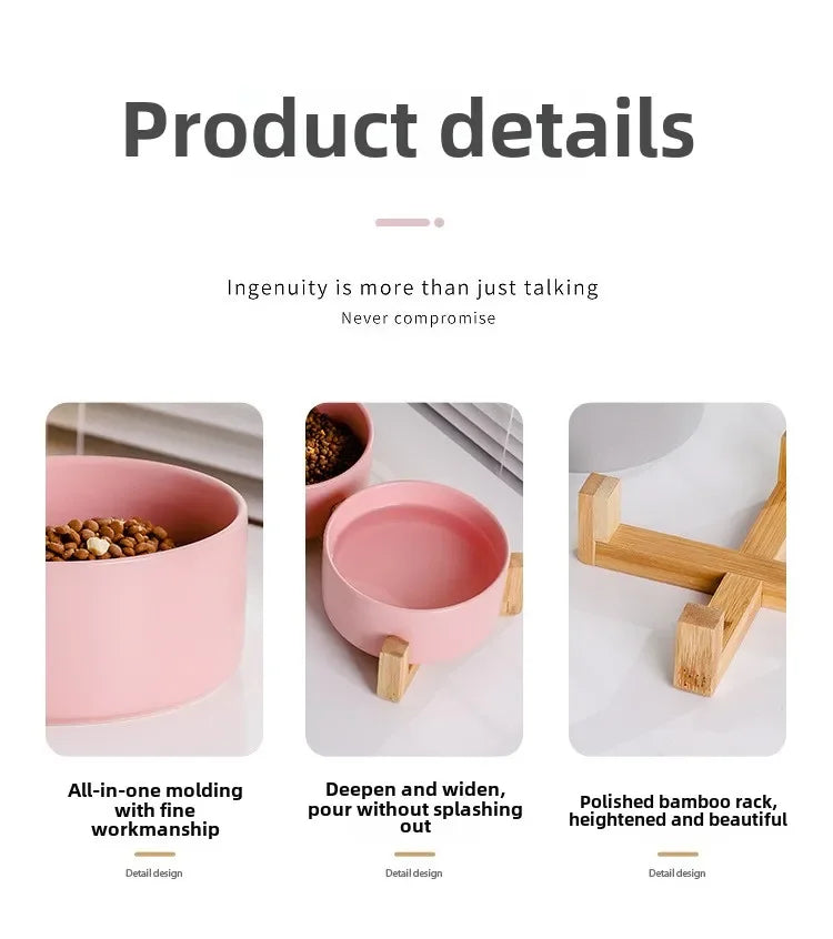 Ceramic Double Pet Bowl with Wood Stand - No Spill Food & Water Feeder for Dogs, Cats, Small & Large Pets