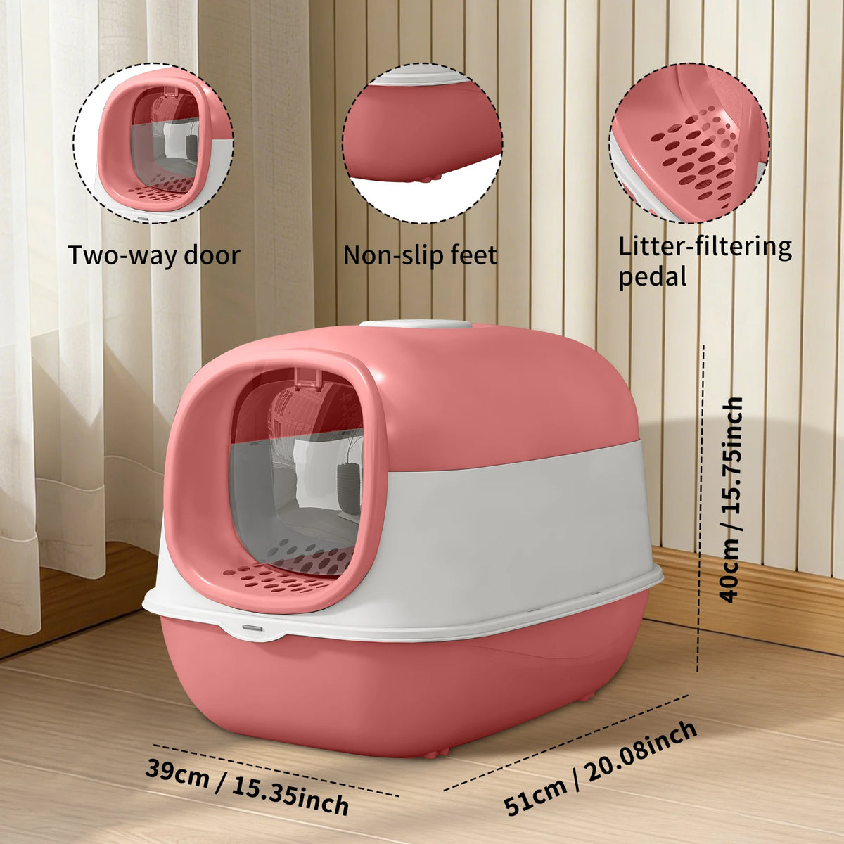 Fully Enclosed With Transparent Entrance Exit Doors Pet Litter Box Large Space Flip Cover Anti Slip Detachable Easy To Clean Cat Toilet Pet Supplies