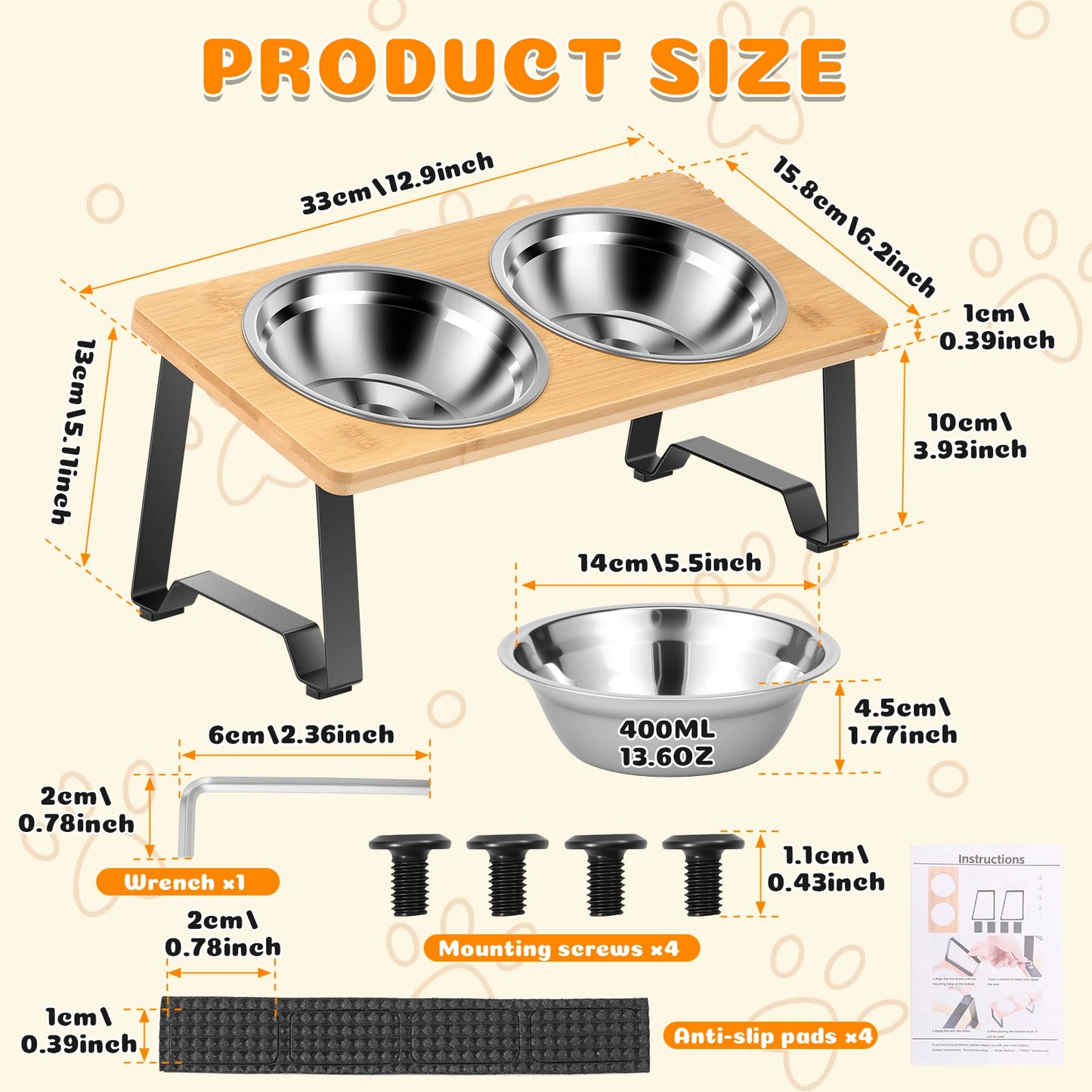 Wooden Elevated Cat Dog feeder Bowl Stand with 2 Stainless Steel Feeder bowl for Dry Wet Food Water Anti Slip Pet Supplies
