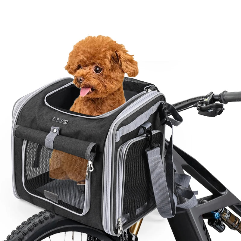 Dog or Cat Bike Basket, Expandable Soft Sided Pet Carrier Backpack with 4 Open Doors, Foldable Dog Bike Carrier