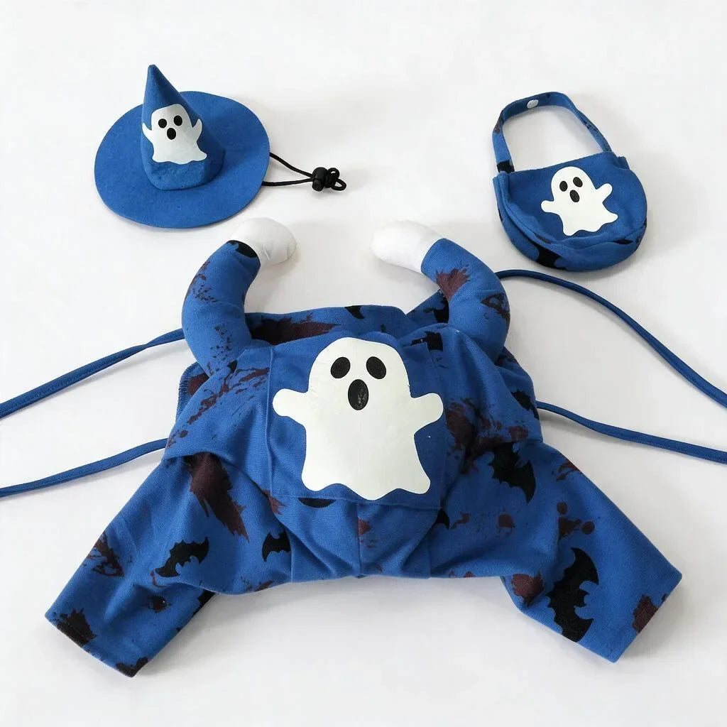 Blue Ghost Pointed Cap Costume Set for Dogs & Cats, Halloween Party, Seasonal Photo Styling, Soft Fabric, Easy Wear