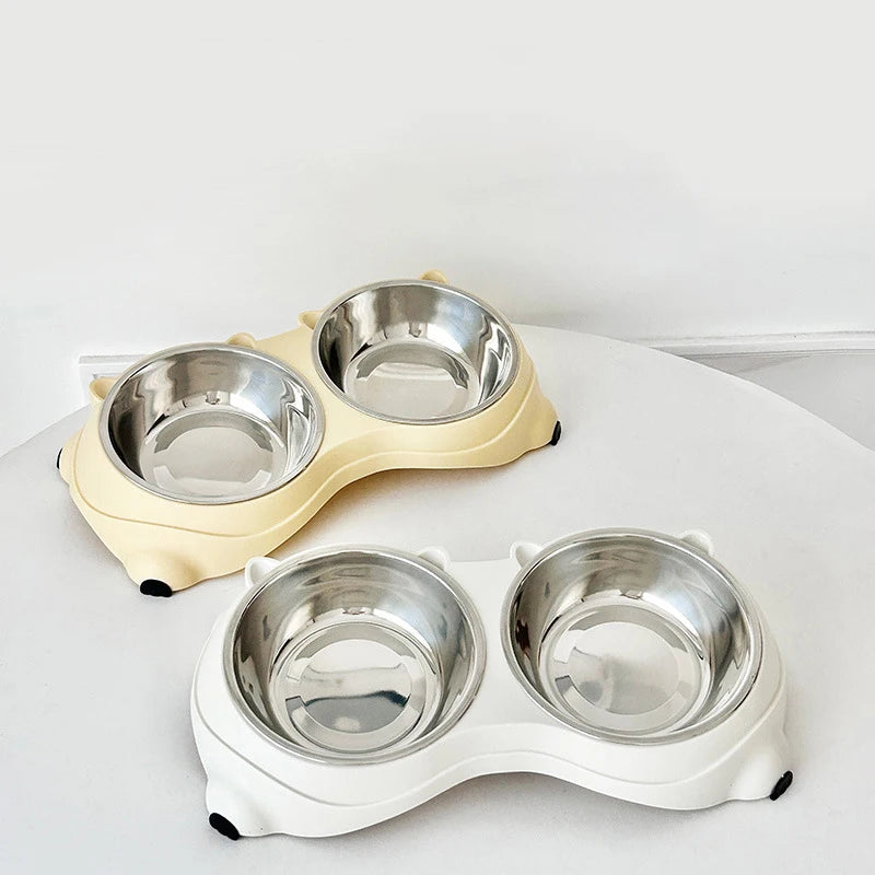 Simple And Cute Macaron Pure Color Stainless Steel Pet Double Bowl For Cats Dogs Feeding And Drinking Bowl Feeder