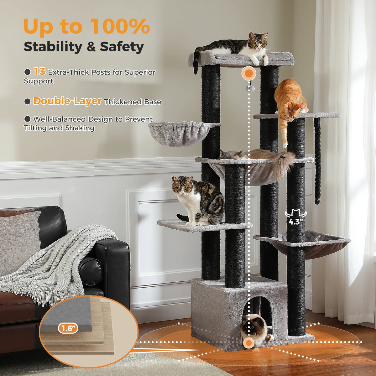 Large Cat Tree for Big Cats Robust Cat Tower with Several Levels Cat House Climbing Tree with Hammock 11 Sisal Posts Large Perch