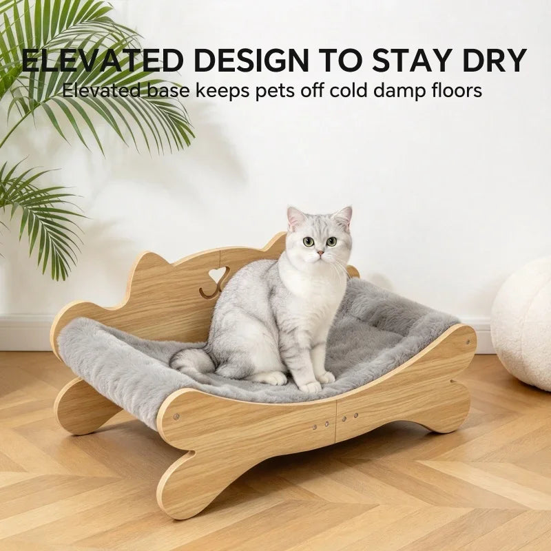 Coral Fleece Wooden Cat Bed, Elevated Anti-Slip Cat Lounge Chair, Modern Curved Pet Sofa for Indoor Kittens