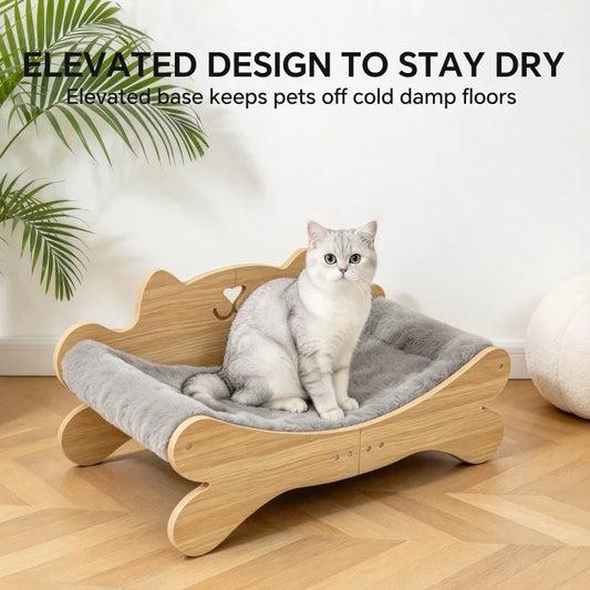 Coral Fleece Wooden Cat Bed, Elevated Anti-Slip Cat Lounge Chair, Modern Curved Pet Sofa for Indoor Kittens