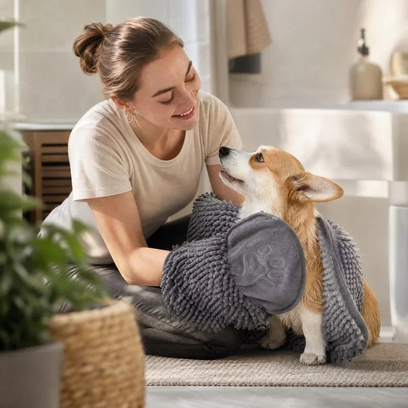 Double-Sided Hand Pocket Pet Bath Towel, Soft Chenille Fabric, Portable with Hanging Loop for Dogs & Cat