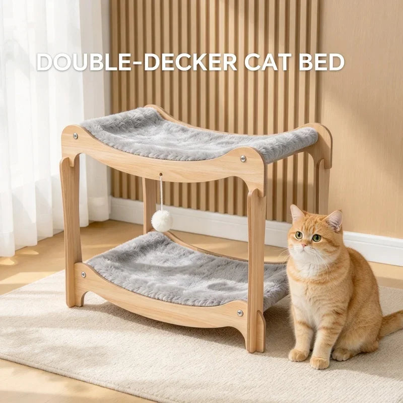 Christmas 2-Tier Wooden Cat Bed with Plush Pad, Ergonomic Curved Cat Lounge Chair, Holiday Pet Sofa Gift