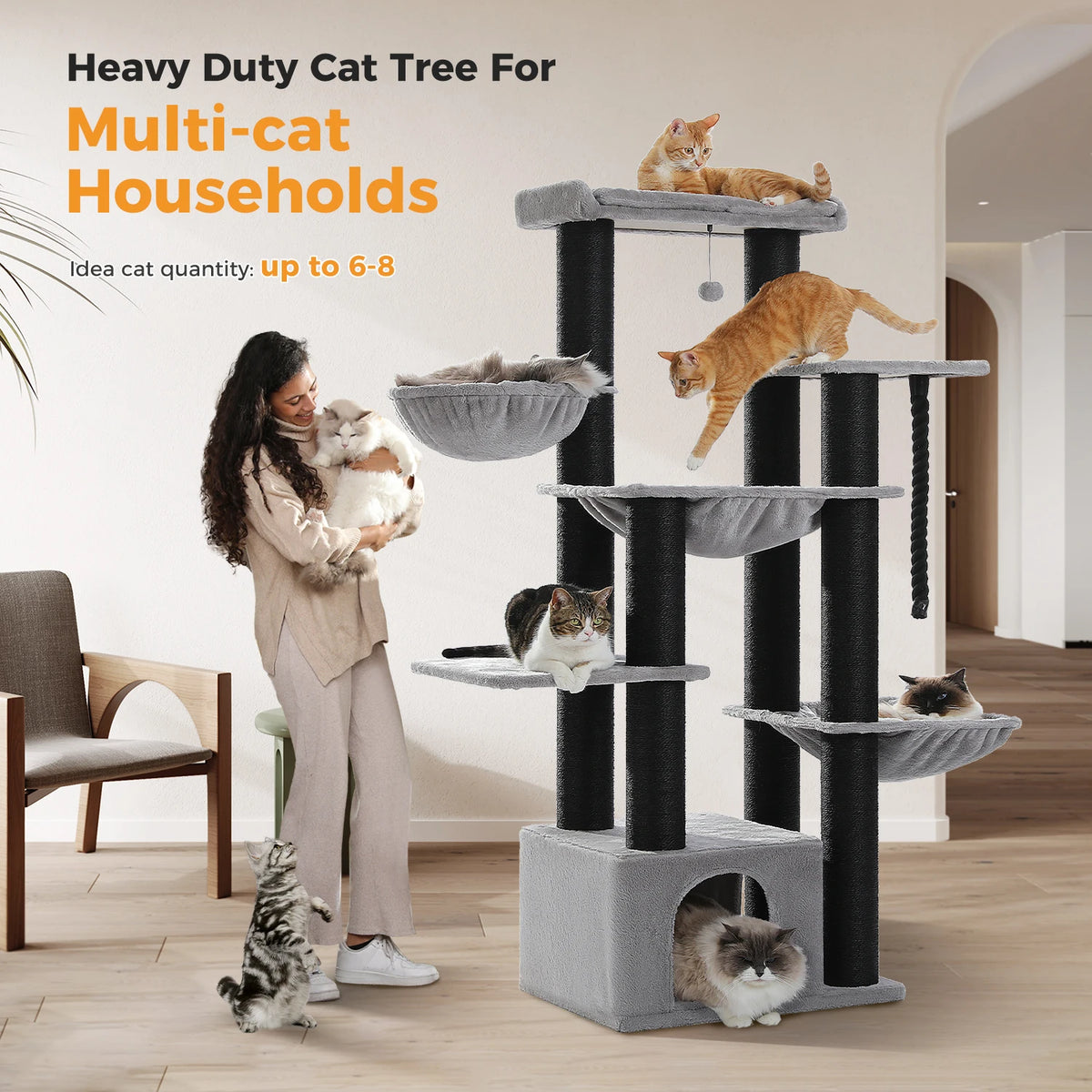 Large Cat Tree for Big Cats Robust Cat Tower with Several Levels Cat House Climbing Tree with Hammock 11 Sisal Posts Large Perch