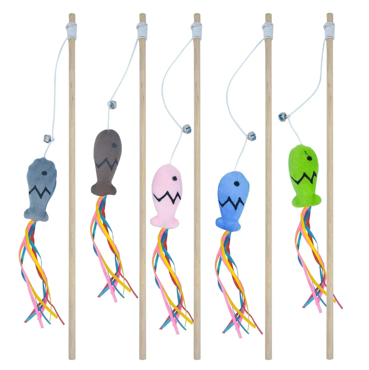 3pcs Cute Fish Cat Wand Toy Solid Wood Catnip Teaser Wand for Cat, Interactive Bell Ribbon Cat Play Stick Toy for Household Cats